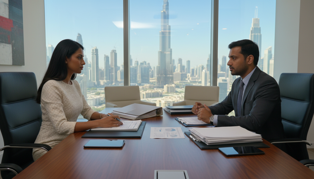A professional negotiation scene in a modern UAE office setting. In the foreground, two individuals engage in a thoughtful discussion, both dressed in smart business attire: a South Asian man in a tailored suit and an Arab woman wearing a professional dress. They are seated at an elegant wooden conference table strewn with documents and digital devices, showcasing their focus and intent. In the middle, a large window reveals a bustling cityscape of Dubai, with iconic skyscrapers under clear blue skies. The background features contemporary office decor, with soft lighting that creates a warm but professional atmosphere. The overall mood is collaborative and serious, highlighting the importance of effective price negotiation in a dynamic setting.