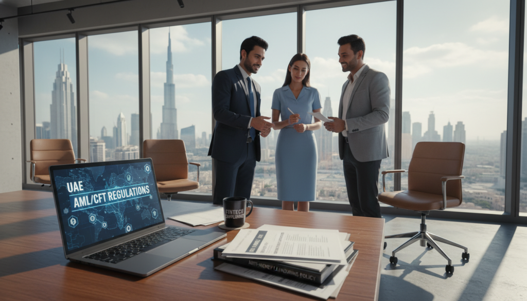A professional office environment showcasing the UAE's financial regulations on Anti-Money Laundering (AML) and Combating the Financing of Terrorism (CFT). In the foreground, a well-organized desk features a laptop displaying a digital map of the UAE with crypto-related graphics, alongside a coffee mug and regulatory documents. The middle ground includes a diverse group of three professionals, two males and one female, dressed in smart business attire: a dark suit for one man, a light blue dress for the woman, and a grey blazer for the other man. In the background, large windows reveal a panoramic view of the Dubai skyline under bright, natural daylight. The overall atmosphere is serious yet optimistic, with soft shadows accentuating the space, captured with a slight tilt angle for depth and engagement.