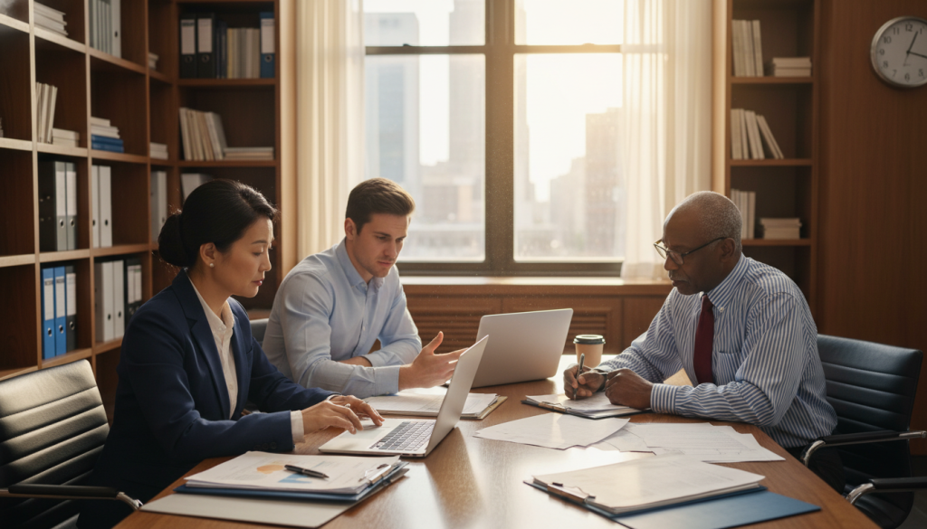 A professional office setting illustrating a payment dispute. In the foreground, a diverse group of three professionals: a middle-aged woman in a smart business suit, a young man in a business casual shirt, and an elderly man in a formal shirt and tie, sit at a table with laptops open, discussing documents. In the middle ground, a large window allows natural light to flood the room, creating a warm yet tense atmosphere. Papers are scattered on the table, hinting at the complexity of the dispute. The background features bookshelves with financial books and a clock on the wall, emphasizing the time-sensitive nature of payment resolutions. Use soft, focused lighting to convey a serious but collaborative mood, shot from a slightly elevated angle for depth. A professional office setting illustrating a payment dispute. In the foreground, a diverse group of three professionals: a middle-aged woman in a smart business suit, a young man in a business casual shirt, and an elderly man in a formal shirt and tie, sit at a table with laptops open, discussing documents. In the middle ground, a large window allows natural light to flood the room, creating a warm yet tense atmosphere. Papers are scattered on the table, hinting at the complexity of the dispute. The background features bookshelves with financial books and a clock on the wall, emphasizing the time-sensitive nature of payment resolutions. Use soft, focused lighting to convey a serious but collaborative mood, shot from a slightly elevated angle for depth.