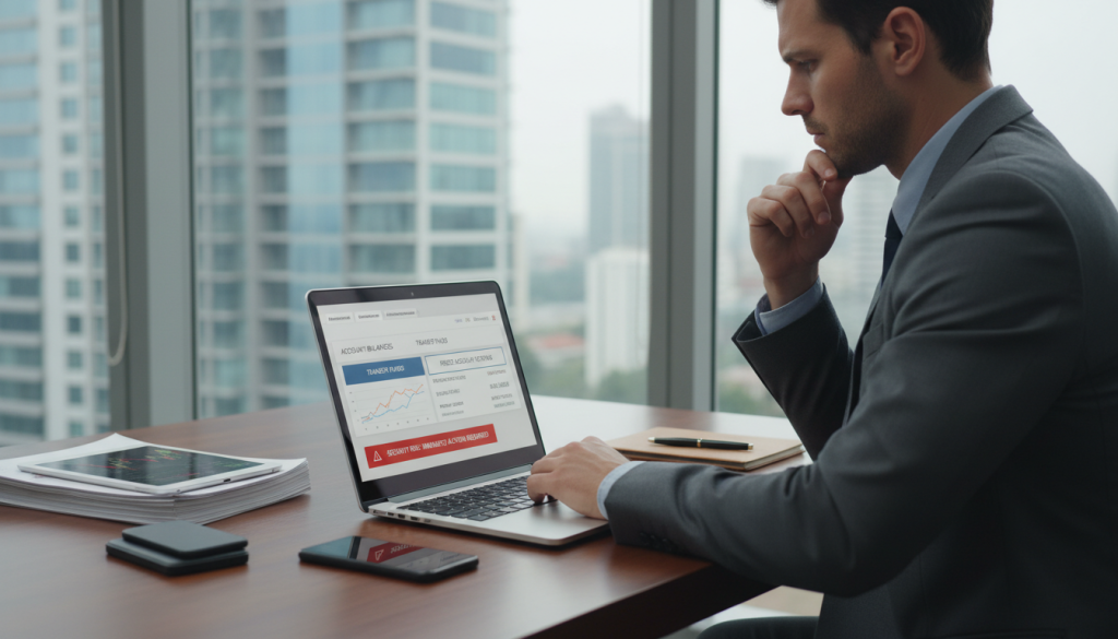 A professional office setting showcasing an open laptop with a detailed onscreen banking interface displaying account balances and fund access options. In the foreground, a businessperson in a smart suit is thoughtfully examining the data, with a focused expression, emphasizing the importance of understanding bank access and freeze risks. The middle layer features a sleek office desk with financial documents and a smartphone beside the laptop, symbolizing the connection between technology and finance. The background shows a modern office space with large windows, allowing soft natural light to illuminate the scene, creating a calm atmosphere. Capture the mood of diligence and professionalism, highlighting the significance of managing bank access securely. The composition should be balanced and well-structured, presenting a clear visual narrative of financial awareness and caution.
