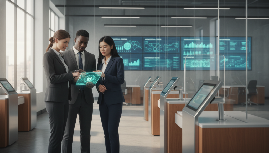 A professional scene depicting identity verification in finance. In the foreground, a diverse group of three individuals in business attire - a Caucasian woman, a Black man, and an Asian woman - are interacting around a sleek digital tablet displaying security features. The middle ground features a modern bank office with glass partitions, high-tech kiosks, and biometric devices such as fingerprint scanners. Soft, natural lighting streaming through large windows creates a bright atmosphere, emphasizing trust and security. The background shows charts and digital screens showcasing authentication processes and data flows, enhancing the tech-savvy feel of the environment. The overall mood conveys professionalism and the importance of secure financial transactions.