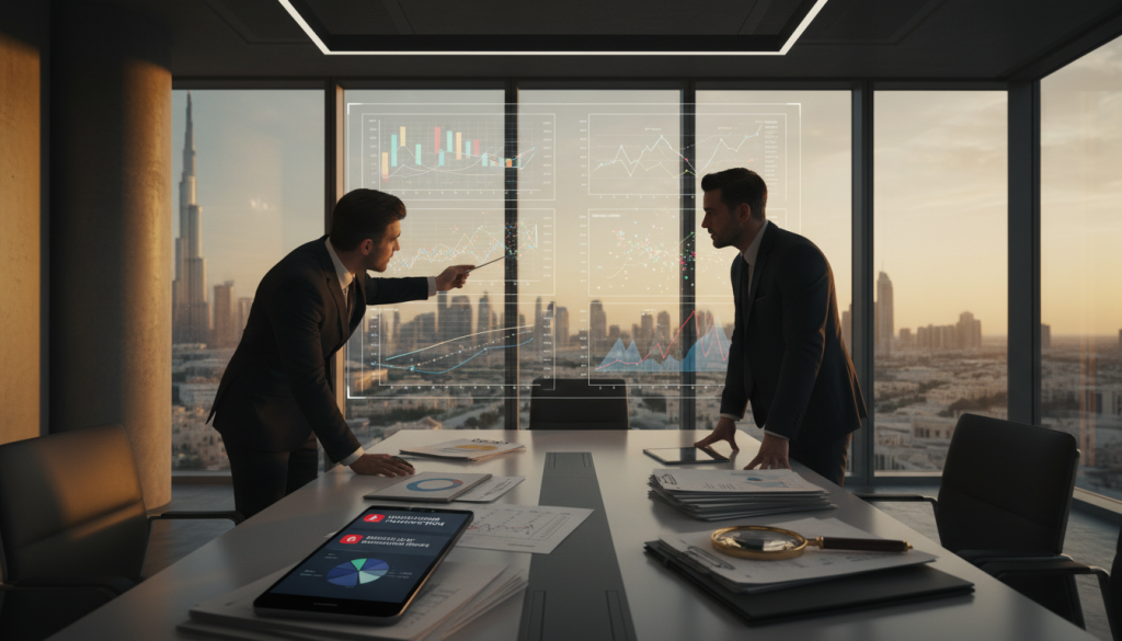A professional setting depicting a Dubai financial institution's office, showcasing two business people in formal attire analyzing a large digital screen filled with complex data patterns and graphs related to payment fraud. In the foreground, a close-up of a smartphone displaying suspicious notifications, symbolizing digital fraud risks. In the middle ground, a conference table strewn with papers, charts, and a magnifying glass emphasizing scrutiny and investigation. In the background, a panoramic view of the Dubai skyline through large glass windows, bathed in warm, natural light. The atmosphere conveys urgency and vigilance, highlighting the significance of understanding fraud patterns in the UAE for businesses and financial institutions. A modern, clean aesthetic enhances the seriousness of the topic. A professional setting depicting a Dubai financial institution's office, showcasing two business people in formal attire analyzing a large digital screen filled with complex data patterns and graphs related to payment fraud. In the foreground, a close-up of a smartphone displaying suspicious notifications, symbolizing digital fraud risks. In the middle ground, a conference table strewn with papers, charts, and a magnifying glass emphasizing scrutiny and investigation. In the background, a panoramic view of the Dubai skyline through large glass windows, bathed in warm, natural light. The atmosphere conveys urgency and vigilance, highlighting the significance of understanding fraud patterns in the UAE for businesses and financial institutions. A modern, clean aesthetic enhances the seriousness of the topic.