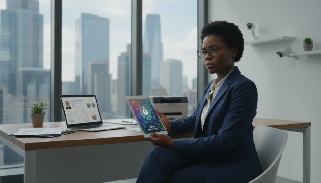 A professional setting representing identity verification in finance. In the foreground, a diverse businessperson dressed in formal attire is examining a digital identification document on a tablet, displaying intricate security features like a hologram and biometric data. The middle ground features a modern office environment with a sleek desk and sophisticated technology, such as a laptop, scanner, and security cameras, suggesting a high-tech atmosphere. In the background, a city skyline can be faintly seen through large windows, alluding to the global nature of finance. Soft, natural lighting illuminates the scene, casting gentle shadows, creating a focused and serious mood that emphasizes the importance of identity verification in maintaining security and trust in financial transactions.