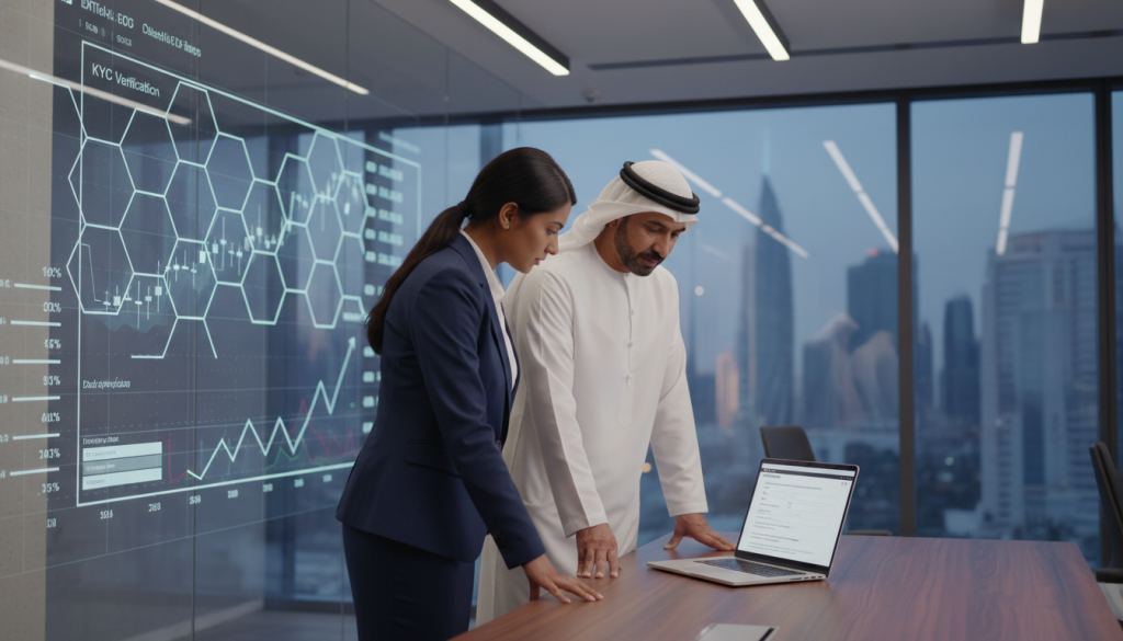 A professional setting showcasing a modern office environment related to cryptocurrency transactions. In the foreground, two business professionals, a middle-aged Emirati man in a formal kandura and a South Asian woman in a smart business suit, are engaged in a discussion over a laptop displaying KYC (Know Your Customer) verification documents. The middle section includes a digital screen in the background displaying charts and blockchain graphics, representing the crypto market. Soft, ambient lighting creates a focused atmosphere, while a blurred city skyline is visible through large windows, symbolizing the UAE's vibrant financial landscape. The image should convey a sense of security, professionalism, and the importance of compliance in crypto transactions.