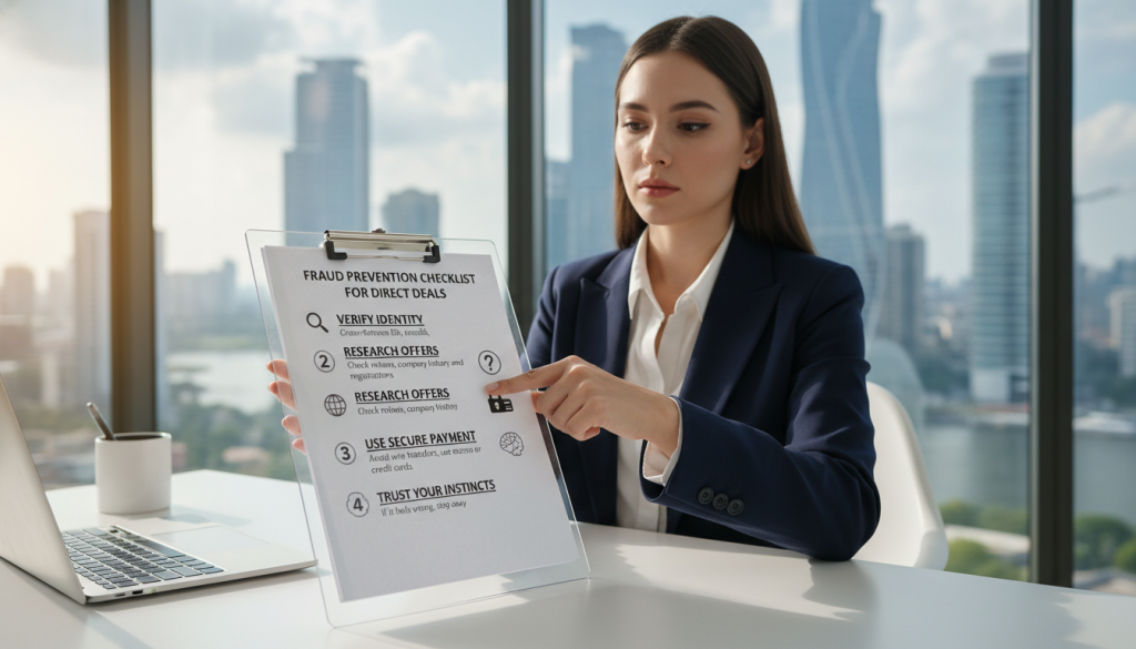 A professional step-by-step checklist for avoiding scams in direct deals, depicted on a large, clear clipboard. In the foreground, the checklist is neatly organized with bullet points outlining key steps: "Verify Identity," "Research Offers," "Use Secure Payment Methods," "Trust Your Instincts," each step visually distinct. The middle layer features a well-dressed businessperson, engaged in reviewing the checklist with a focused expression, seated at a modern desk in a bright office environment. In the background, a large window shows a city skyline, indicating a busy urban setting. Soft, natural light floods the scene, creating an optimistic and alert atmosphere, emphasizing professionalism and caution. The overall mood is serious yet reassuring, guiding viewers on how to protect themselves.