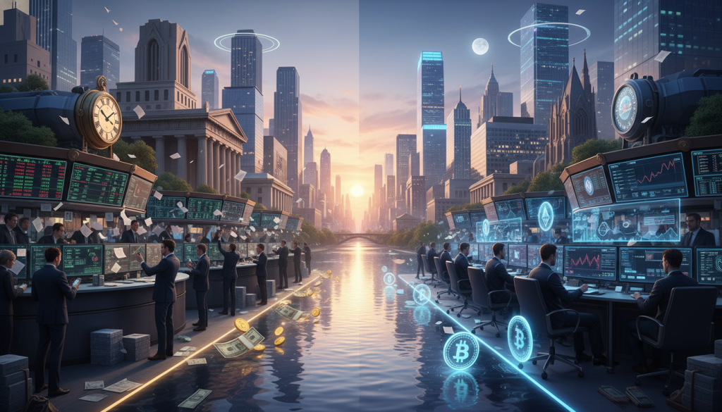 A serene digital landscape showcasing contrasting scenes of a traditional market and a crypto settlement in the foreground. On the left, a classic bustling stock exchange floor with traders in professional business attire, analyzing stock tickers and making deals. On the right, a futuristic crypto trading station, filled with glowing digital screens displaying blockchain data and crypto charts. In the middle ground, a smooth flowing river symbolizing transaction speed, with symbols of traditional money like dollar bills floating on one side and digital coins on the other. The background features a skyline merging classic architecture with modern tech buildings under a soft twilight, casting warm ambient lighting. The overall mood should reflect a blend of tradition and innovation, highlighting the evolving nature of market settlements. A serene digital landscape showcasing contrasting scenes of a traditional market and a crypto settlement in the foreground. On the left, a classic bustling stock exchange floor with traders in professional business attire, analyzing stock tickers and making deals. On the right, a futuristic crypto trading station, filled with glowing digital screens displaying blockchain data and crypto charts. In the middle ground, a smooth flowing river symbolizing transaction speed, with symbols of traditional money like dollar bills floating on one side and digital coins on the other. The background features a skyline merging classic architecture with modern tech buildings under a soft twilight, casting warm ambient lighting. The overall mood should reflect a blend of tradition and innovation, highlighting the evolving nature of market settlements.