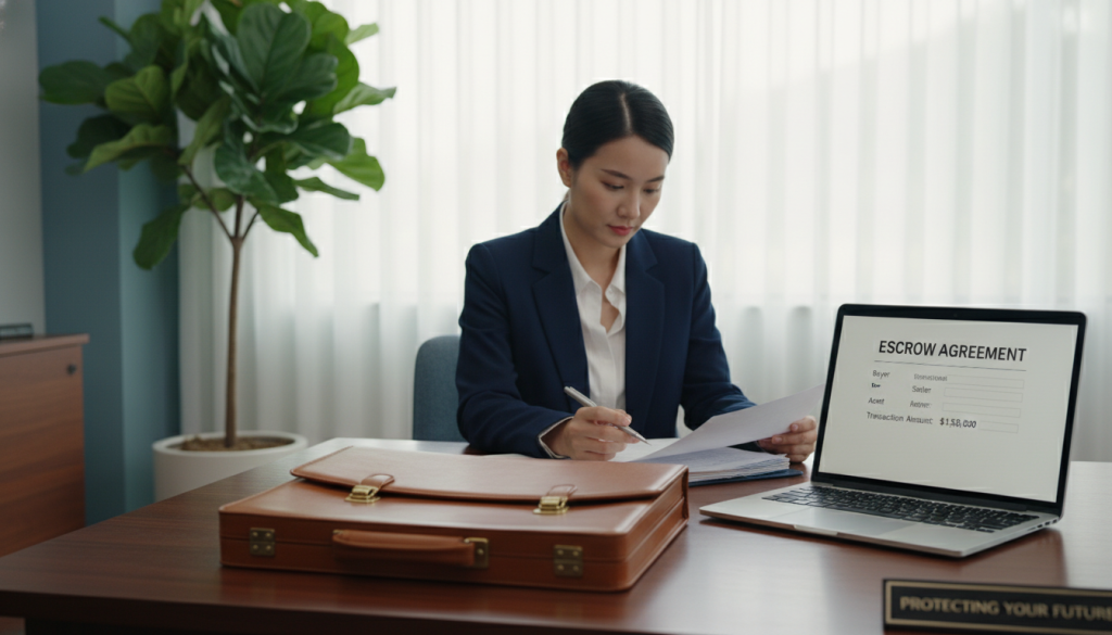 A serene office environment showing a modern escrow account setup. In the foreground, a polished wooden desk displays a securely closed briefcase, symbolizing trust and safety. On the desk, a laptop screen shows a digital escrow agreement, emphasizing high-value transactions. In the middle ground, an elegant potted plant adds a touch of life, while a professional businessperson in smart attire thoughtfully reviews documents, embodying diligence and security in transactions. The background features a window with soft, natural light filtering through sheer curtains, casting gentle shadows and creating a calming atmosphere. The overall mood is one of professionalism and security, highlighting the importance of escrow in protecting buyers during significant investments.
