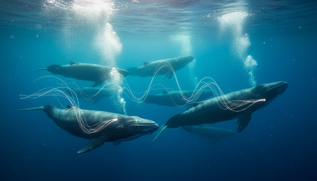 A serene underwater scene depicting a group of sperm whales communicating through their unique codas, illustrated in vibrant tones of blue and green. In the foreground, a pair of whales creates bubbles that shimmer with light, exhibiting their majestic presence. In the middle ground, more whales are seen in a dynamic formation, emitting sound waves represented visually as soft, rippling lines, symbolizing clicks and Morse code bursts. The background fades into a softly lit abyss, with gentle sunlight filtering through the water’s surface, casting beams that illuminate the whales. The mood is tranquil yet mysterious, emphasizing the intelligent communication of these creatures in their ocean habitat. The composition should suggest a blend of realism with artistic flair, capturing the essence of these magnificent marine animals in a natural setting. A serene underwater scene depicting a group of sperm whales communicating through their unique codas, illustrated in vibrant tones of blue and green. In the foreground, a pair of whales creates bubbles that shimmer with light, exhibiting their majestic presence. In the middle ground, more whales are seen in a dynamic formation, emitting sound waves represented visually as soft, rippling lines, symbolizing clicks and Morse code bursts. The background fades into a softly lit abyss, with gentle sunlight filtering through the water’s surface, casting beams that illuminate the whales. The mood is tranquil yet mysterious, emphasizing the intelligent communication of these creatures in their ocean habitat. The composition should suggest a blend of realism with artistic flair, capturing the essence of these magnificent marine animals in a natural setting.