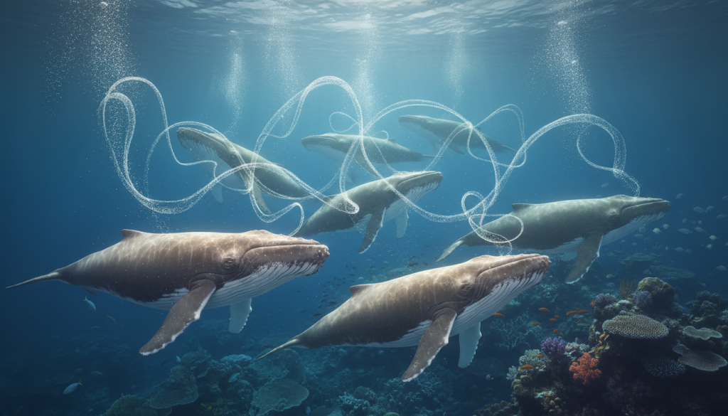 A serene underwater scene showcasing a group of majestic whales engaging in communication through intricate bubble patterns. In the foreground, three whales swim gracefully, their massive forms elegantly gliding through the crystal-clear ocean water, emanating soft, shimmering light. The middle layer captures playful interactions between the whales, with a burst of bubbles visually expressing their communication, creating a harmonious atmosphere. In the background, the silhouette of a vibrant coral reef is illuminated by gentle sunlight filtering through the water, adding depth and tranquility to the scene. The mood is calm and reflective, evoking a sense of connection and intelligence among these magnificent creatures, while emphasizing the beauty of their world.