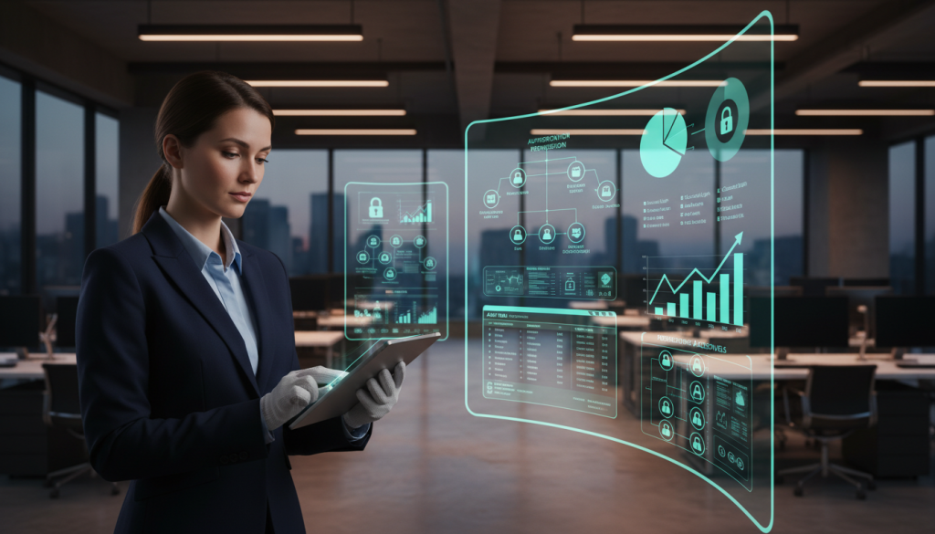 A sleek and modern digital workspace showcasing security basics in mobile app transactions. In the foreground, a professional auditor, dressed in business attire, examines a tablet displaying authentication permissions and audit trails, capturing a sense of diligence. In the middle ground, holographic screens depict flowcharts and metrics outlining security processes, layered with graphical representations of permissions and user access levels. The background features a modern office setting with subtle, warm lighting, emphasizing a focus on security and technology. The atmosphere is serious yet optimistic, highlighting the importance of secure transactions in enhancing consumer trust. The image is well-composed with a slight depth of field, using a professional lens to create an engaging and informative visual.
