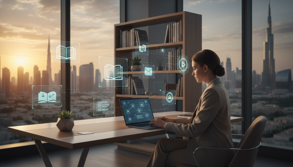 A sleek and modern workspace highlighting the concept of selling digital products privately. In the foreground, a confident businesswoman in professional attire sits at a stylish desk, focused on a laptop displaying a digital marketplace. She is surrounded by vibrant digital assets such as e-books, software applications, and courses, visually represented as glowing holograms. In the middle, a well-organized bookshelf holds references about digital marketing and entrepreneurship, while a potted plant adds a touch of freshness. The background features a panoramic view of a skyline in the UAE, bathed in warm golden light from a sunset, creating an inspiring and optimistic atmosphere. The camera angle is slightly elevated, providing a clear view of both the workspace and the skyline, evoking a feeling of ambition and innovation in the digital marketplace.