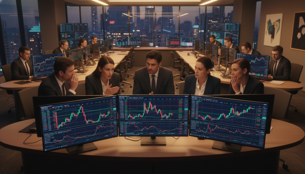 A sleek, modern OTC trading desk with multiple monitors displaying cryptocurrency charts and prices, surrounded by professional traders engaged in focused discussions. In the foreground, a diverse group of business professionals in smart attire are actively negotiating, with expressions of concentration and determination. The middle ground shows a high-tech setup, with digital screens showing live market data, while the background features a stylish office environment with glass walls and ambient lighting. Soft, warm light illuminates the scene, creating a dynamic yet serious atmosphere that reflects the fast-paced world of cryptocurrency trading. The overall mood is one of collaboration and strategy, emphasizing the complexity of OTC desk operations without any distractions or interruptions.