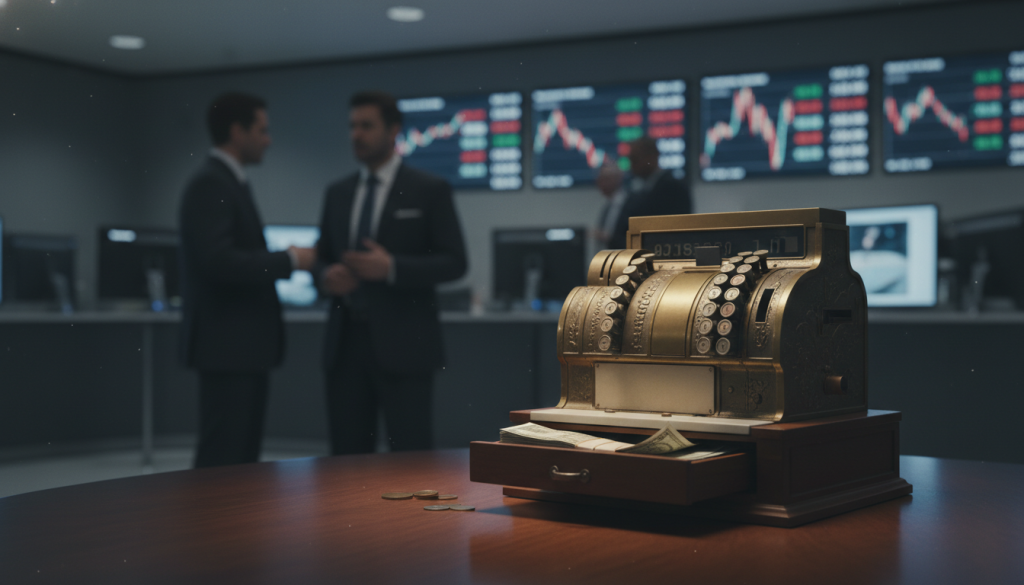 A somber yet thought-provoking scene representing "finality" in financial transactions. In the foreground, a solitary, antique cash register sits on a polished wooden table, its drawer slightly ajar revealing neatly stacked banknotes, symbolizing the last vestiges of cash transactions. The middle ground features shadowy silhouettes of individuals in professional business attire, standing in discussion, embodying the transition from cash to digital transactions. In the background, a dimly lit, modern bank interior hints at advanced technology with digital screens displaying fluctuating cryptocurrency prices. Soft, diffused lighting creates a moody atmosphere, highlighting the contrast between the warm, nostalgic glow of the cash register and the sterile coolness of technology. A shallow depth of field focuses on the cash register, subtly blurring the figures behind to enhance the thematic depth of finality in financial evolution.