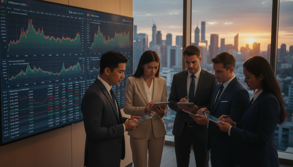 A sophisticated crypto OTC trading scene in a modern office environment. In the foreground, a diverse group of professionals in formal business attire are engaged in discussion over trade quotes displayed on sleek digital tablets. The middle ground features a large digital screen showcasing fluctuating cryptocurrency charts and order books. The background shows a glass wall with a city skyline, illuminated by soft evening light, creating a vibrant yet focused atmosphere. The lighting is warm and inviting, emphasizing the collaborative mood. The camera angle captures a dynamic perspective, revealing both teamwork and advanced technology in action, highlighting the intricate process from quote to settlement in crypto trading.