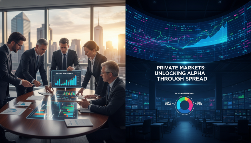 A split-screen image illustrating the concept of "spread" in private markets. In the foreground, on the left, a diverse group of investors in professional business attire is engaged in a serious discussion around a modern conference table, closely examining charts and graphs that depict varying spreads. In the middle ground, a large digital screen displays dynamic financial data, highlighting differences in private market returns with colorful, animated graphs. The background features a sleek office environment with floor-to-ceiling windows, showcasing a city skyline bathed in warm afternoon light, creating a blend of professionalism and vibrancy. The overall mood is analytical and focused, emphasizing the importance of spread variations to investors.