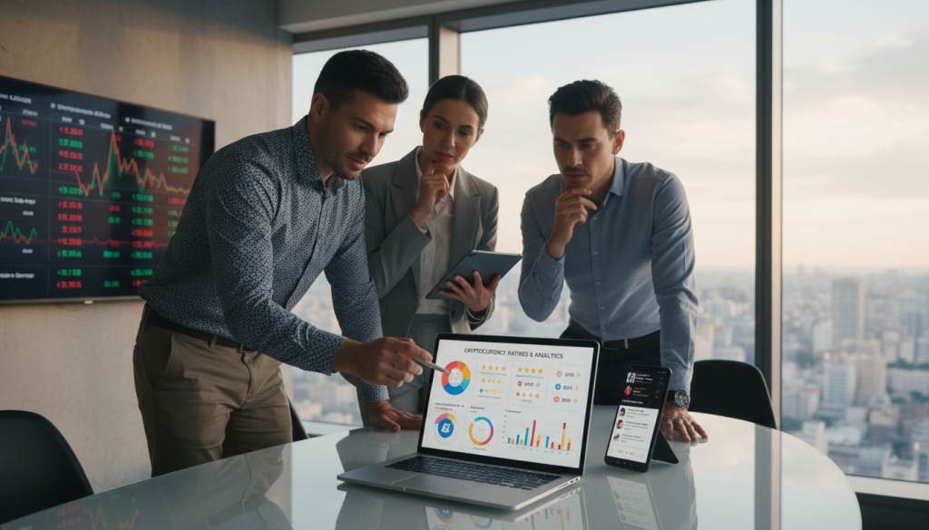 A vibrant, modern office environment, showcasing a diverse group of three professionals—two men and one woman—standing around a sleek conference table, intently discussing cryptocurrency ratings and reviews. The foreground features a laptop open to a colorful chart displaying various cryptocurrency ratings and a smartphone with review apps open. In the middle, the professionals, dressed in smart casual attire, display expressions of curiosity and focus as they engage with the charts. The background includes a large window with a cityscape view and digital screens displaying fluctuating cryptocurrency prices. Soft, natural lighting streams in, creating a collaborative and optimistic atmosphere, suggesting trust and decision-making in the evolving world of cryptocurrencies. The image encapsulates the importance of ratings and reviews in fostering transparency and informed choices.