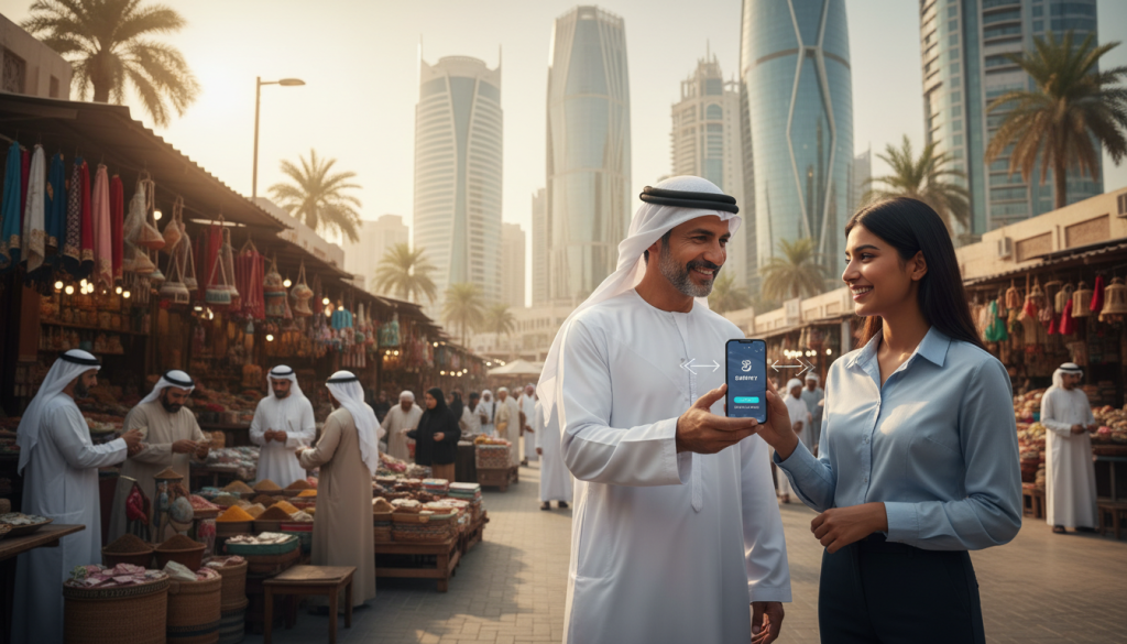 A vibrant street scene in the UAE showcasing local person-to-person payments. In the foreground, two diverse individuals (a middle-aged Emirati man in a clean white kandura and a young South Asian woman in professional attire) are engaging in a friendly transaction using a modern mobile payment app on their smartphones. The middle ground features a lively marketplace, with colorful stalls selling traditional goods and local currency exchanged between vendors and customers. In the background, modern skyscrapers reflect the contrast between tradition and innovation. Soft sunlight bathes the scene, creating a warm and welcoming atmosphere. Use a wide-angle perspective to capture the bustling environment while maintaining focus on the two individuals exchanging payments, emphasizing connection and community in financial transactions.