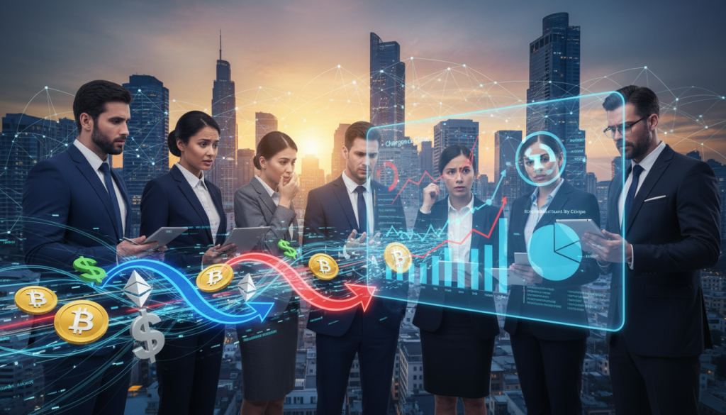 A visual representation of the rising chargeback phenomenon in cryptocurrency payments. In the foreground, an abstract representation of a transaction flow, with digital coins and arrows indicating backtracking transactions. In the middle ground, a group of business professionals in formal attire, looking concerned while analyzing graphs and data on a large screen, highlighted by a soft blue light. In the background, a city skyline at dusk, symbolizing the expansive digital marketplace, with a warm glow from the setting sun. The atmosphere is tense yet hopeful, capturing the urgency of understanding chargebacks in the evolving landscape of cryptocurrency. Use a dynamic angle to emphasize the professionals' expressions and the contrast between digital transactions and real-world implications. A visual representation of the rising chargeback phenomenon in cryptocurrency payments. In the foreground, an abstract representation of a transaction flow, with digital coins and arrows indicating backtracking transactions. In the middle ground, a group of business professionals in formal attire, looking concerned while analyzing graphs and data on a large screen, highlighted by a soft blue light. In the background, a city skyline at dusk, symbolizing the expansive digital marketplace, with a warm glow from the setting sun. The atmosphere is tense yet hopeful, capturing the urgency of understanding chargebacks in the evolving landscape of cryptocurrency. Use a dynamic angle to emphasize the professionals' expressions and the contrast between digital transactions and real-world implications.