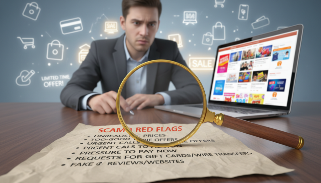 A visually striking composition depicting common scam red flags in direct deals and online shopping. In the foreground, incorporate a magnifying glass focused on a list of red flags such as unrealistic prices, too-good-to-be-true offers, and urgent calls to action. In the middle, illustrate a person in professional attire examining a laptop with a concerned expression, representing the diligence required to spot scams. The background features a blurred shopping scene, showcasing online storefronts and various products, conveying a sense of urgency and caution. Use soft, diffused lighting for a serious yet engaging atmosphere, with a shallow depth of field to draw attention to the magnifying glass and the examining person, heightening the mood of vigilance and awareness.