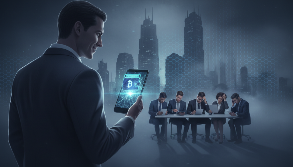 A visually striking composition illustrating the theme of "scams and fraud risks" in the realm of cryptocurrency transactions. In the foreground, a shadowy figure in a suit looks intently at a glowing digital wallet icon, a hint of malevolence in their posture. In the middle ground, a diverse group of buyers in professional business attire nervously interacts with their devices, showing expressions of uncertainty and concern. The background features a darkened city skyline with a faint grid pattern overlay to symbolize the digital landscape, shrouded in mist to enhance the ominous atmosphere. Soft, dramatic lighting casts long shadows, creating tension. A wide-angle lens perspective adds depth, emphasizing the looming threat of fraud in direct buyer-seller interactions.
