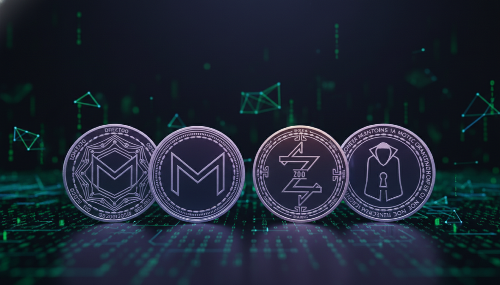 A visually striking depiction of privacy coins, featuring a digital representation of various privacy-focused cryptocurrencies like Monero and Zcash, artistically arranged in the foreground. Each coin should be highlighted with intricate designs that symbolize security and anonymity, illuminated by a soft, ambient light that reflects a sense of mystery and intrigue. In the middle ground, a backdrop of a dimly lit digital landscape, filled with binary code and abstract representations of blockchain technology, creates a sense of depth and context. The background should utilize a dark color palette with hints of green and blue to evoke a tech-savvy atmosphere. The overall mood should convey seriousness and sophistication, reflecting the regulatory scrutiny surrounding privacy coins, while ensuring a clean and professional aesthetic.