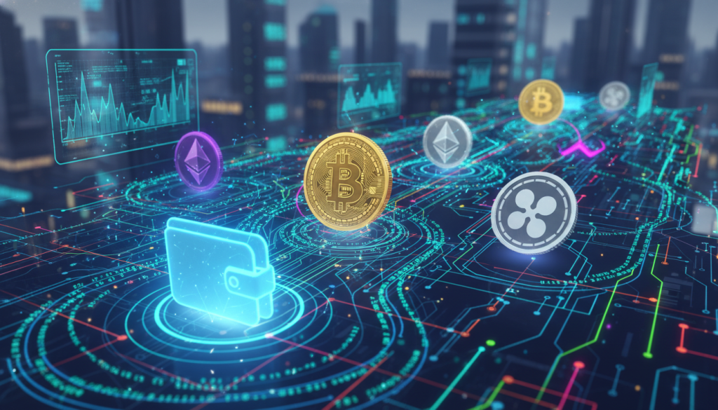 A visually striking digital illustration of blockchain transactions in action, featuring a layered composition. In the foreground, a glowing digital wallet icon radiates light, surrounded by flowing streams of binary code and interconnected nodes symbolizing secure transactions. The middle section showcases stylized representations of diverse cryptocurrency coins, illuminated with bright neon colors, symbolizing the buying and selling process without intermediaries. In the background, a futuristic city skyline is subtly blurred, with glowing digital screens displaying abstract graphs and data, creating a tech-savvy atmosphere. The lighting is dynamic, with a cool blue and green palette, giving the image an innovative and modern feel. The overall mood is energetic and forward-thinking, inviting the viewer into the world of decentralized finance. A visually striking digital illustration of blockchain transactions in action, featuring a layered composition. In the foreground, a glowing digital wallet icon radiates light, surrounded by flowing streams of binary code and interconnected nodes symbolizing secure transactions. The middle section showcases stylized representations of diverse cryptocurrency coins, illuminated with bright neon colors, symbolizing the buying and selling process without intermediaries. In the background, a futuristic city skyline is subtly blurred, with glowing digital screens displaying abstract graphs and data, creating a tech-savvy atmosphere. The lighting is dynamic, with a cool blue and green palette, giving the image an innovative and modern feel. The overall mood is energetic and forward-thinking, inviting the viewer into the world of decentralized finance.