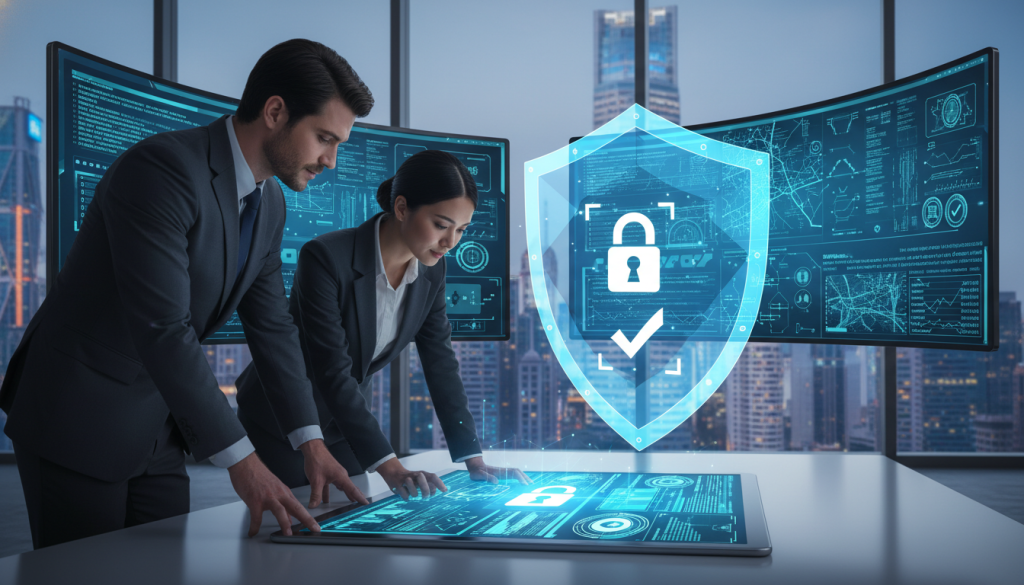 A visually striking illustration depicting "account security." In the foreground, a diverse group of three professionals, men and women in smart business attire, are engaged in a discussion while analyzing a digital device, showcasing a sense of teamwork in verifying security protocols. In the middle ground, a large, transparent shield overlays the scene, symbolizing protection, embellished with icons of lock and checkmark graphics. The background features a modern office setting with high-tech security screens displaying data analytics, encryption codes, and a city skyline visible through large windows, reflecting innovation and vigilance. The lighting is bright and focused on the professionals, creating a clear, optimistic atmosphere that emphasizes trust and safety in online transactions.