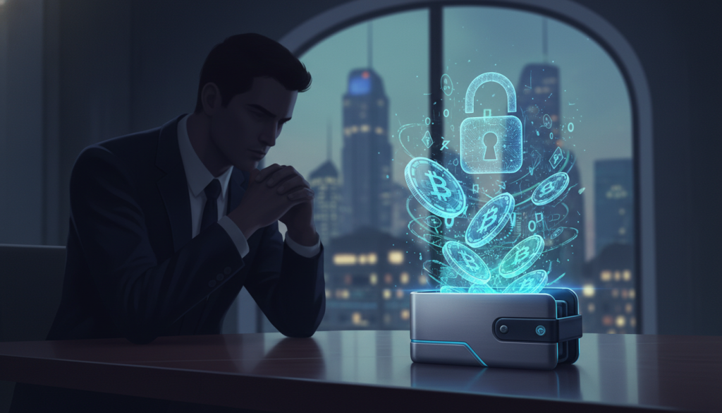 A visually striking illustration representing the concept of "privacy" within the context of cryptocurrency. In the foreground, a sleek, modern digital wallet rests on a polished wooden table, partially open, with abstract holographic coins shimmering above it, symbolizing private coin dealings. The middle layer features a blurred figure in professional business attire, examining the wallet with a contemplative expression, conveying the complexity of privacy in crypto transactions. In the background, a softly-lit city skyline is visible through a large window, hinting at the broader economic environment. The lighting is dim yet focused, creating a serious and contemplative mood, with cool color tones to emphasize the theme of privacy versus anonymity. The angle is slightly above the table, focusing on the wallet and the figure, creating an intimate yet expansive feel.
