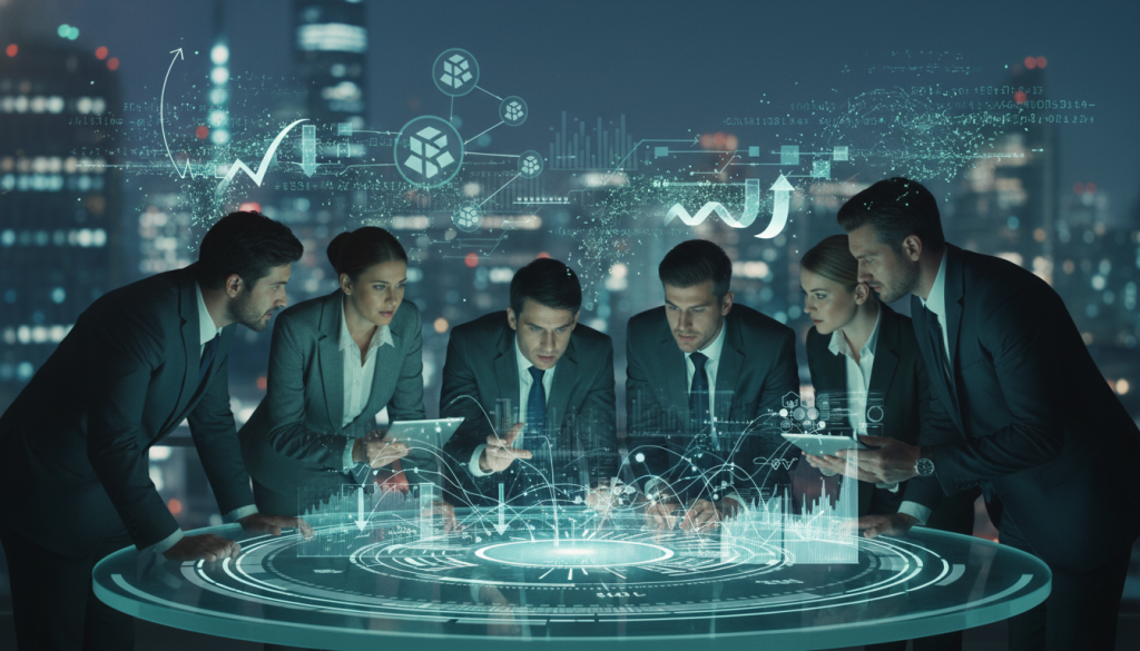 A visually striking representation of "reputation score manipulation" within cryptocurrency ecosystems. In the foreground, a diverse group of business professionals in professional attire, intently discussing strategies around a digital display showing fluctuating reputation scores. In the middle ground, digital elements like blockchain icons, graphs, and swirling data streams symbolize the manipulation of metrics. The background features a blurred city skyline at night with glowing lights, suggesting a high-tech environment. Soft blue and green lighting casts a futuristic glow on the scene, enhancing the atmosphere of intrigue and caution. The overall mood should convey a sense of urgency and the hidden risks associated with cryptocurrency ratings.