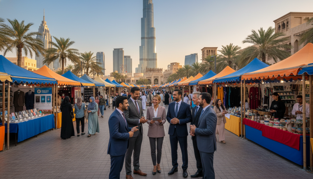 An inviting scene depicting safe selling marketplaces in the UAE. In the foreground, a diverse group of sellers, dressed in professional business attire, engage in friendly discussions. One person holds a tablet showcasing an online marketplace interface. In the middle ground, several colorful stalls display various products, representing different categories like electronics, clothing, and crafts. The backdrop features iconic UAE architecture, such as the Burj Khalifa and traditional souks, bathed in warm, golden sunlight. A clear blue sky adds to the atmosphere of optimism and security. The entire scene should convey a sense of trust, community, and professionalism in a modern marketplace environment. The composition should be captured from a slightly elevated angle, focusing on both the sellers and the vibrant marketplace activity.