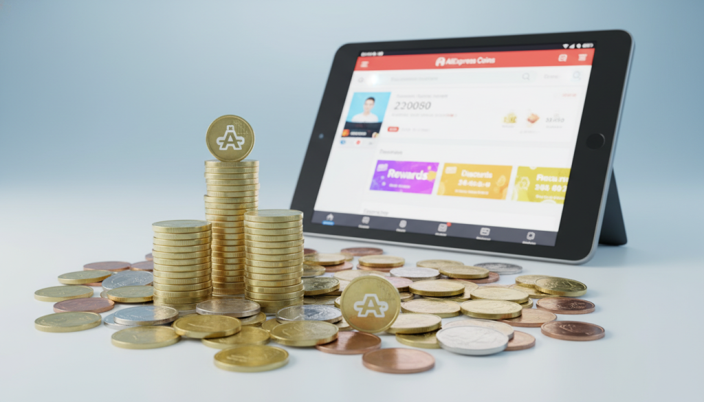 In a well-lit, professional setting, create an image of an assortment of coins from various global currencies, prominently featuring AliExpress coins. The foreground should display a glossy, pile of shiny coins, with some stacked in neat columns, reflecting light to enhance their metallic texture. In the middle ground, display a smartphone or tablet showcasing an open AliExpress app, with coins appearing as rewards or discounts. The background should have a subtle gradient that transitions from a soft blue to white, evoking a professional yet inviting atmosphere. Use bright, diffused lighting to eliminate harsh shadows, and capture the scene from a slightly elevated angle to provide depth and focus. The overall mood should convey opportunity and innovation in digital commerce. In a well-lit, professional setting, create an image of an assortment of coins from various global currencies, prominently featuring AliExpress coins. The foreground should display a glossy, pile of shiny coins, with some stacked in neat columns, reflecting light to enhance their metallic texture. In the middle ground, display a smartphone or tablet showcasing an open AliExpress app, with coins appearing as rewards or discounts. The background should have a subtle gradient that transitions from a soft blue to white, evoking a professional yet inviting atmosphere. Use bright, diffused lighting to eliminate harsh shadows, and capture the scene from a slightly elevated angle to provide depth and focus. The overall mood should convey opportunity and innovation in digital commerce.