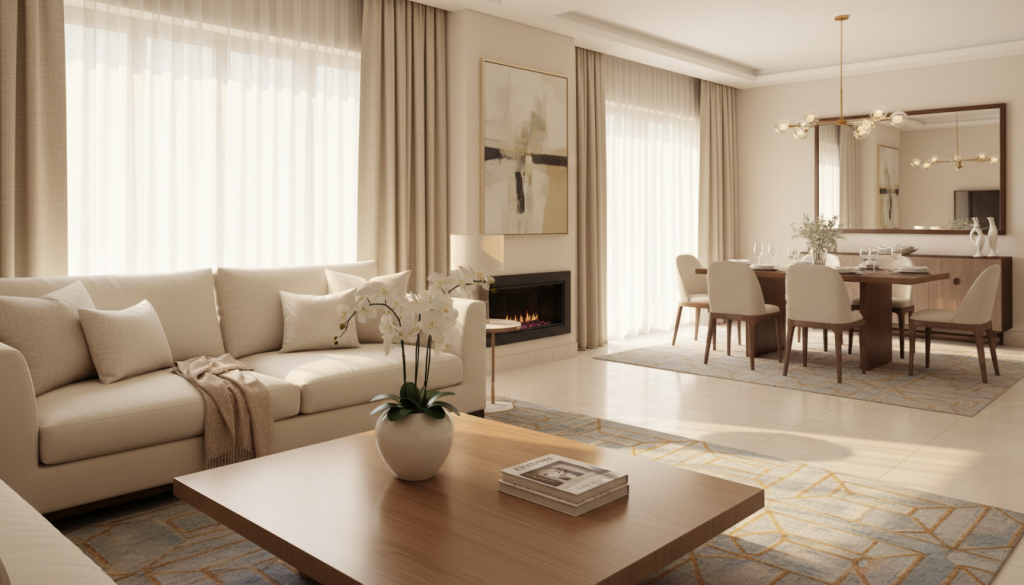 A beautifully staged living room in a modern UAE home, emphasizing a sense of readiness for selling. In the foreground, a neat coffee table adorned with a stylish vase and a few magazines, while a plush sofa is arranged invitingly. The middle ground features a clean, well-decorated room with soft lighting filtering through sheer curtains, casting a warm glow. In the background, the room opens to a tastefully decorated dining area, showcasing a polished dining table set for a casual gathering. This image captures a scene of tranquility and readiness, suggesting a welcoming atmosphere. The mood is bright and optimistic, evoking feelings of warmth and comfort, perfect for potential buyers envisioning their new home. The shot is taken from a slightly elevated angle to provide an encompassing view, with natural light highlighting the inviting decor.