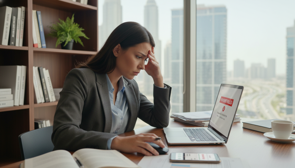 A close-up view of a frustrated businesswoman in a modern office environment, wearing professional attire. She is staring at a laptop screen displaying a pop-up notification of a failed payment transaction. Her facial expression conveys anxiety and concern, reflecting the impact of payment failures on business operations. In the foreground, a smartphone shows transaction details, and the desk is cluttered with financial documents and a coffee cup. The middle ground features tall shelves filled with business books and a potted plant for a touch of nature. The background consists of a large window showing a bustling cityscape of Dubai, bathed in natural light, creating a contrast between the serene exterior and the tension inside. The mood is tense but focused, highlighting the urgency of addressing payment issues. A close-up view of a frustrated businesswoman in a modern office environment, wearing professional attire. She is staring at a laptop screen displaying a pop-up notification of a failed payment transaction. Her facial expression conveys anxiety and concern, reflecting the impact of payment failures on business operations. In the foreground, a smartphone shows transaction details, and the desk is cluttered with financial documents and a coffee cup. The middle ground features tall shelves filled with business books and a potted plant for a touch of nature. The background consists of a large window showing a bustling cityscape of Dubai, bathed in natural light, creating a contrast between the serene exterior and the tension inside. The mood is tense but focused, highlighting the urgency of addressing payment issues.