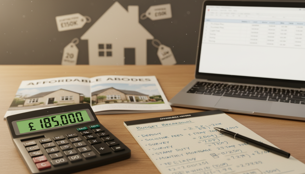 A cluttered desk scene illustrating budget property costs for private buyers. In the foreground, a calculator displays numbers, with a notepad filled with handwritten budget notes and financial plans beside it. In the middle, a faintly visible property brochure showcasing affordable homes lies open, alongside a laptop showing a spreadsheet of cost breakdowns. In the background, a soft-focus image of a house silhouette and price tags evoking a friendly home-buying atmosphere. The lighting is warm and inviting, with a soft glow illuminating the desk, suggesting a hopeful yet cautious mood for beginners in real estate investment. The angle is slightly above the desk, giving a clear view of the budget preparation process.