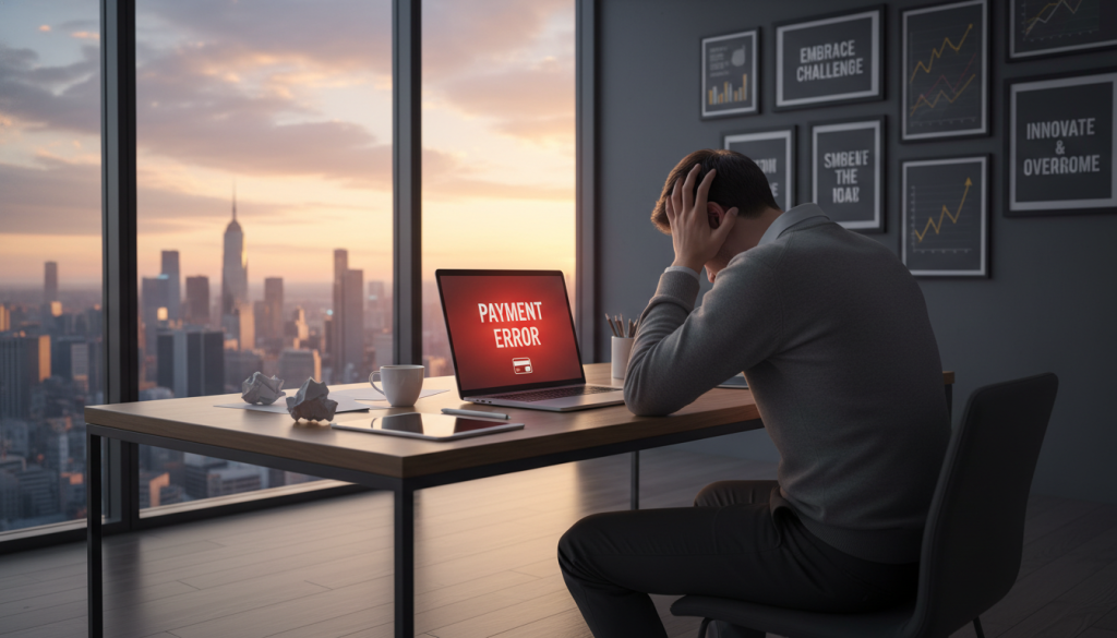 A digital artist's workspace showcasing a frustrated business professional in a sleek office environment, wearing smart casual attire. In the foreground, the individual sits at a modern desk, hands on their head, with an open laptop displaying a payment error screen illuminated in red. Scattered papers and a coffee cup add context to a stressful moment. In the middle ground, a large window reveals a city skyline, lighting the room with soft natural light during sunset, casting warm tones and shadows. The background features a wall with motivational quotes and financial charts, enhancing the atmosphere of urgency and determination. The overall mood conveys a sense of challenge and the need for problem-solving amidst technology-driven transactions. A digital artist's workspace showcasing a frustrated business professional in a sleek office environment, wearing smart casual attire. In the foreground, the individual sits at a modern desk, hands on their head, with an open laptop displaying a payment error screen illuminated in red. Scattered papers and a coffee cup add context to a stressful moment. In the middle ground, a large window reveals a city skyline, lighting the room with soft natural light during sunset, casting warm tones and shadows. The background features a wall with motivational quotes and financial charts, enhancing the atmosphere of urgency and determination. The overall mood conveys a sense of challenge and the need for problem-solving amidst technology-driven transactions.