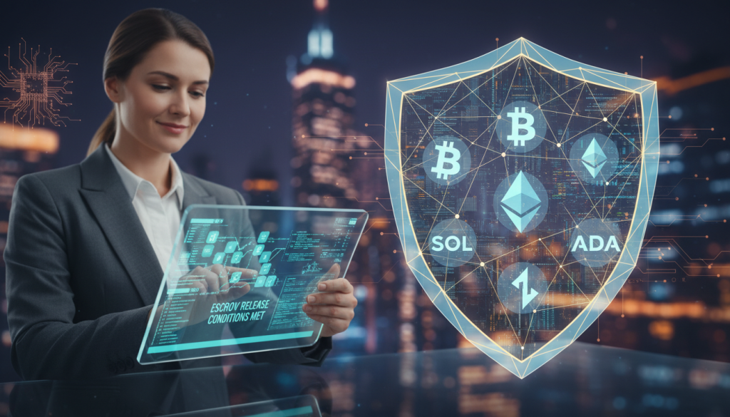 A digital illustration depicting escrow release conditions in a crypto investment deal. In the foreground, a professional businessperson in formal attire examines a digital device displaying a blockchain ledger, with glowing transaction data visible. The middle layer includes a large, semi-transparent shield symbolizing security and trust, adorned with graphical icons representing diverse cryptocurrencies. In the background, an abstract representation of a thriving city skyline infused with digital elements, reflecting innovation. Soft, diffused lighting creates a warm yet sophisticated atmosphere, while a shallow depth of field blurs the background slightly, emphasizing the foreground action. The overall mood conveys a sense of assurance and professionalism in the crypto space.