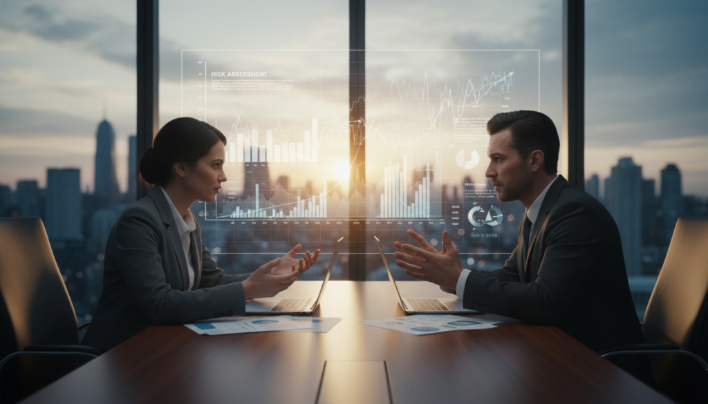 A dynamic negotiation scene set in a modern, sleek conference room. In the foreground, two business professionals, a man and a woman, are seated at a polished wooden table, facing each other intently; both are dressed in sharp business attire. Their expressions convey focus and determination as they gesture with hands, emphasizing their points. In the middle ground, a digital display shows fluctuating crypto data and graphs, hinting at the negotiation's context. The background features large windows revealing a city skyline at dusk, casting warm, golden lighting that adds a sense of urgency and tension. The atmosphere is serious yet professional, capturing the critical nature of messaging risks in crypto negotiations. Use a subtle depth of field to draw attention to the negotiators, with a slight lens flare effect to enhance the mood.