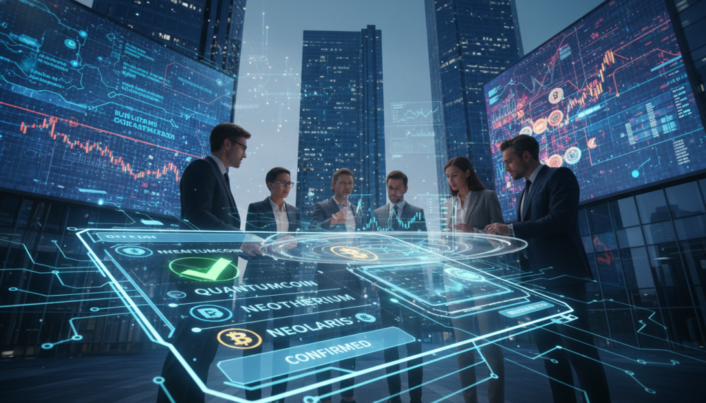 A futuristic representation of "proof of payment standards" in cryptocurrency transactions. In the foreground, a sleek, modern digital wallet interface displays dynamic cryptocurrencies and transaction confirmations with glowing icons. In the middle ground, a diverse group of professionals dressed in business attire engage in a discussion, analyzing graphs and charts on a holographic screen, symbolizing collaboration and innovation. The background features a city skyline with high-tech digital billboards displaying blockchain networks and data flow, illuminated by a twilight sky with subtle digital elements. The lighting is soft yet vibrant, creating a tech-savvy, forward-looking atmosphere. Capture the scene with a low-angle perspective to emphasize the importance of technology in financial transactions. A futuristic representation of "proof of payment standards" in cryptocurrency transactions. In the foreground, a sleek, modern digital wallet interface displays dynamic cryptocurrencies and transaction confirmations with glowing icons. In the middle ground, a diverse group of professionals dressed in business attire engage in a discussion, analyzing graphs and charts on a holographic screen, symbolizing collaboration and innovation. The background features a city skyline with high-tech digital billboards displaying blockchain networks and data flow, illuminated by a twilight sky with subtle digital elements. The lighting is soft yet vibrant, creating a tech-savvy, forward-looking atmosphere. Capture the scene with a low-angle perspective to emphasize the importance of technology in financial transactions.
