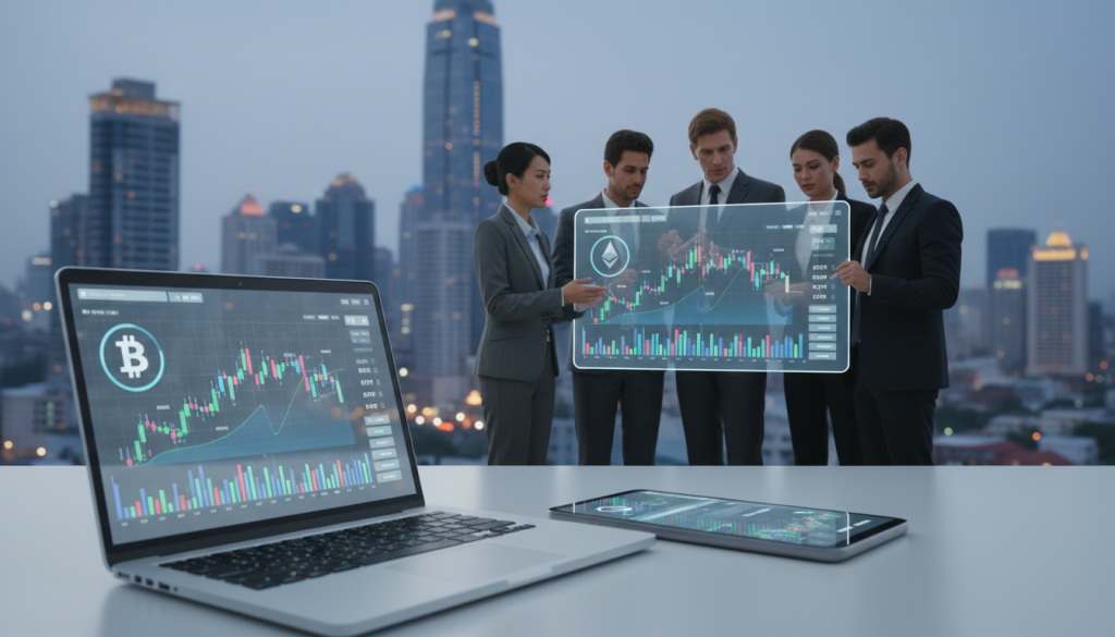 A modern, sleek digital interface displayed on various devices, illustrating platforms that connect buyers and sellers in cryptocurrency trading. In the foreground, a laptop and smartphone show vibrant graphs and charts symbolizing trading activity, with icons representing different cryptocurrencies. In the middle ground, a diverse group of professionals in business attire are engaged in discussion, brainstorming new trading strategies, and pointing at the screens. The background features a bustling urban skyline, symbolizing the global nature of crypto markets. Bright, clear lighting enhances the high-tech atmosphere, while a slight depth of field focuses on the devices and people. The overall mood is dynamic and collaborative, capturing the fast-paced world of cryptocurrency trading.
