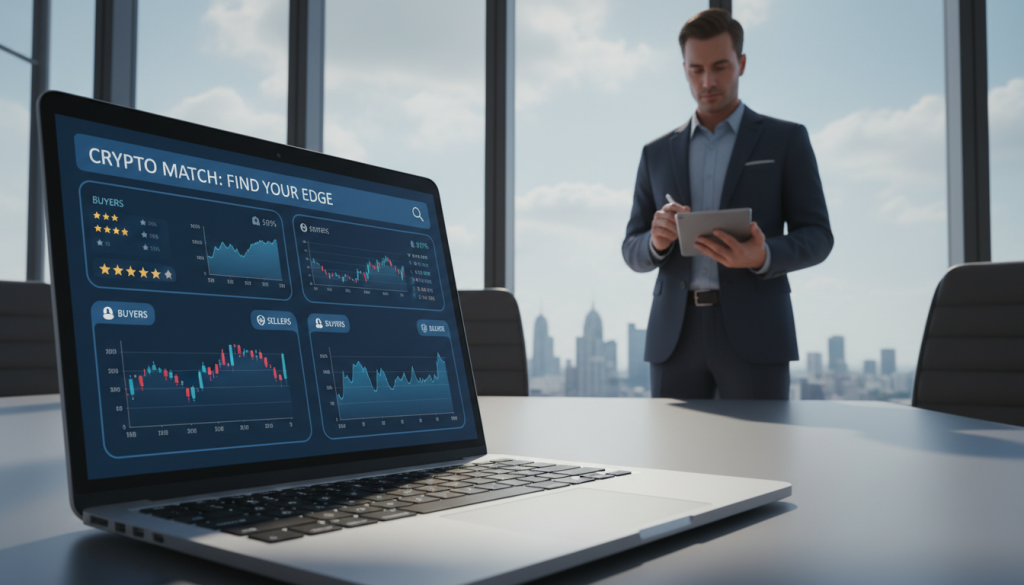 A modern, sleek workspace featuring a digital platform interface showcasing key features for matching buyers and sellers in crypto trading. In the foreground, a laptop displays an engaging dashboard with graphs, user ratings, and comparison charts. In the middle ground, a professional businessperson in smart attire is analyzing data on a tablet, appearing focused and engaged. The background features a large window with a city skyline, allowing natural light to flood the room, creating an atmosphere of innovation and urgency. Soft shadows add depth, and the overall color scheme is a blend of cool blues and warm greys, evoking trust and professionalism. The composition should be dynamic, with a slight tilt to suggest forward motion and progress in the digital marketplace.