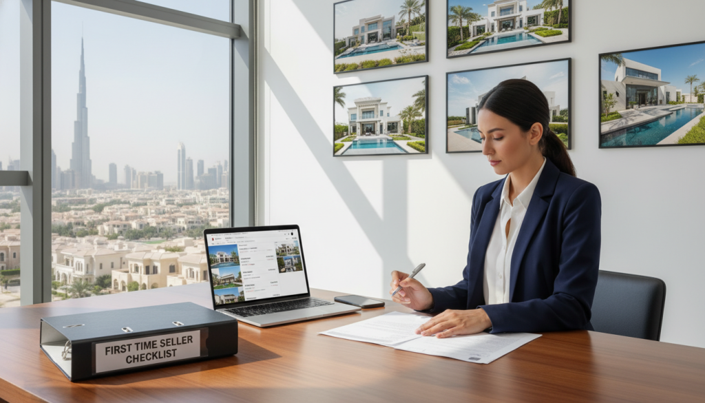 A modern workspace featuring a well-organized desk with a neatly arranged folder containing a "First Time Seller Checklist," a sleek laptop open to a listing platform, and a smartphone displaying property images. In the foreground, a professional real estate agent in smart business attire is reviewing documents, holding a pen. The middle ground showcases a wall with framed photographs of luxury properties in the UAE. The background features a large window offering a panoramic view of a vibrant city skyline under bright, natural light. The atmosphere is focused and inspirational, with a sense of professionalism and readiness to engage potential sellers. Soft shadows create depth and warmth in the workspace. The angle is slightly elevated, capturing the essence of a dedicated real estate environment.