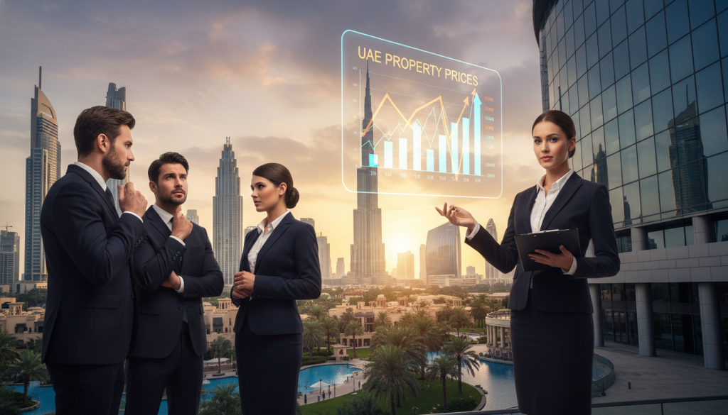 A professional real estate agent standing confidently in front of a modern UAE skyscraper, holding a clipboard and gesturing towards a digital display showing fluctuating property prices. The foreground features well-dressed individuals engaged in serious discussions, exuding a mood of contemplation and strategy. In the middle ground, a panoramic view of iconic UAE architecture, like the Burj Khalifa, with lush greenery and palm trees to suggest investment potential. In the background, a vibrant sunset casts a warm glow over the skyline, creating a sense of urgency and opportunity. Use soft lighting to enhance the professionalism and clarity of the scene, shot from a low angle for a commanding view of the architecture.