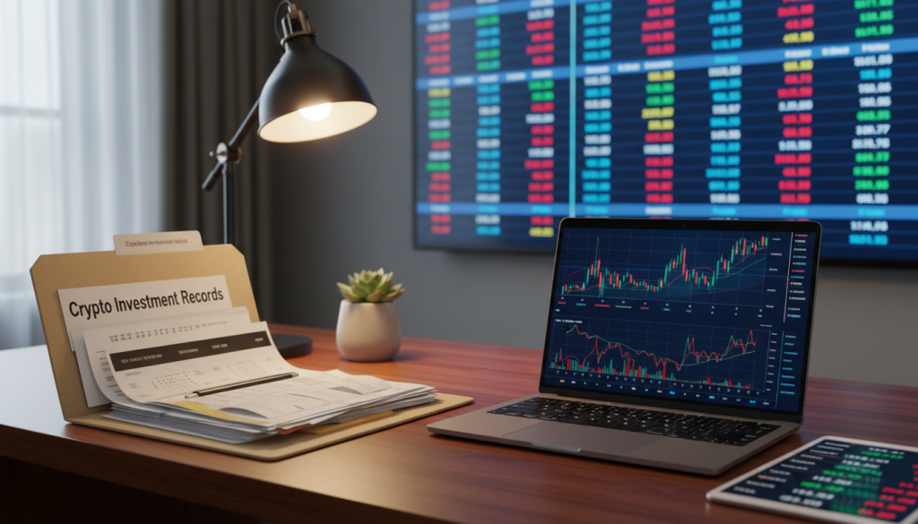 A professional workspace featuring a sleek wooden desk with an open laptop displaying colorful crypto charts and graphs. In the foreground, a neatly organized folder labeled "Crypto Investment Records" contains various documents and financial statements, with a digital tablet showcasing real-time market data beside it. The middle ground features a potted plant and a stylish lamp, providing soft, warm lighting that creates a focused yet inviting atmosphere. In the background, a wall-mounted screen shows live updates of cryptocurrency prices and analysis, enhancing the tech-savvy environment. The overall mood is one of diligence, organization, and strategic planning, conveying the importance of effective record-keeping in crypto investments.