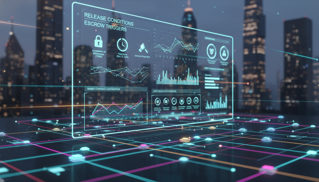 A sleek, modern digital landscape illustrating release conditions escrow triggers for crypto investments. In the foreground, a stylized graphical representation of a blockchain network with glowing nodes connected by vibrant lines, symbolizing secure transactions. In the middle, a large, transparent screen displays animated charts and icons representing various triggers like conditions and metrics, with an emphasis on clarity and professionalism. The background features a blurred city skyline at dusk, with soft lighting emphasizing a high-tech atmosphere. Soft neon lighting reflects on the foreground elements, creating a sense of urgency and innovation. The mood is focused and corporate, suitable for a financial technology context, evoking modernity and security in cryptocurrency investments.