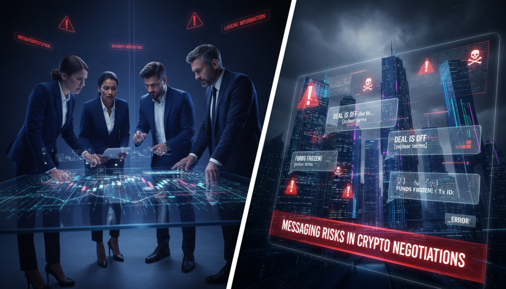 A split-screen visual depicting the concept of messaging risks during negotiation in cryptocurrency transactions. In the foreground, on one side, show a group of three professionals dressed in business attire, engaged in a serious discussion around a digital table filled with blockchain visuals and cryptocurrency symbols. Their expressions are focused and concerned, emphasizing the gravity of communication pitfalls. The middle ground highlights a digital communication interface filled with warnings and red flags, illustrating potential risks. In the background, a futuristic city skyline glows with neon lights, symbolizing the crypto industry. Use dramatic, moody lighting with shadows to evoke a sense of urgency and secrecy, capturing the critical atmosphere of negotiations. The angle is slightly tilted to create an impression of tension and intrigue.