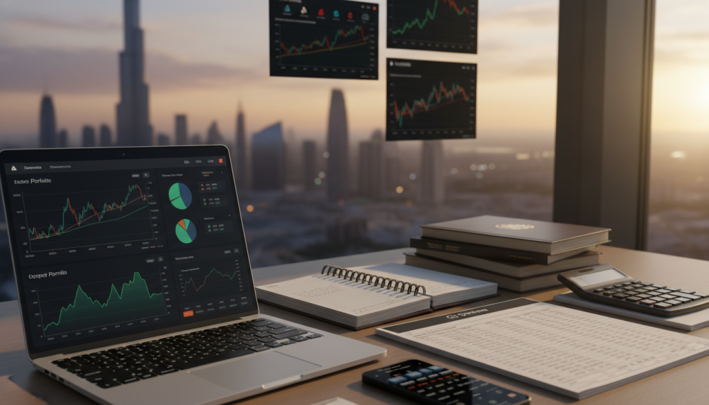 A well-organized desk with a selection of cryptocurrency records, including ledgers, spreadsheets, and charts. In the foreground, a sleek laptop displays a digital portfolio with vibrant graphs and analytics. The middle features neatly stacked financial papers, a calculator, and a smartphone showing a crypto tracking app. The background reveals a softly blurred view of the Dubai skyline at sunset, adding a modern, sophisticated atmosphere. Warm, natural lighting illuminates the scene, highlighting the details and casting gentle shadows. The lens captures the image from an angled perspective, focusing on the desk's contents while allowing the cityscape to subtly blend in, evoking a sense of importance and professionalism in crypto investment record keeping.
